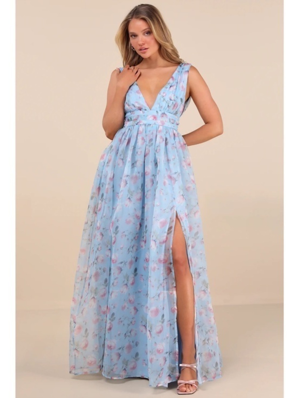 NWT Lulu’s Garden Romance Light Blue Floral Print Organza Maxi Dress Romantic